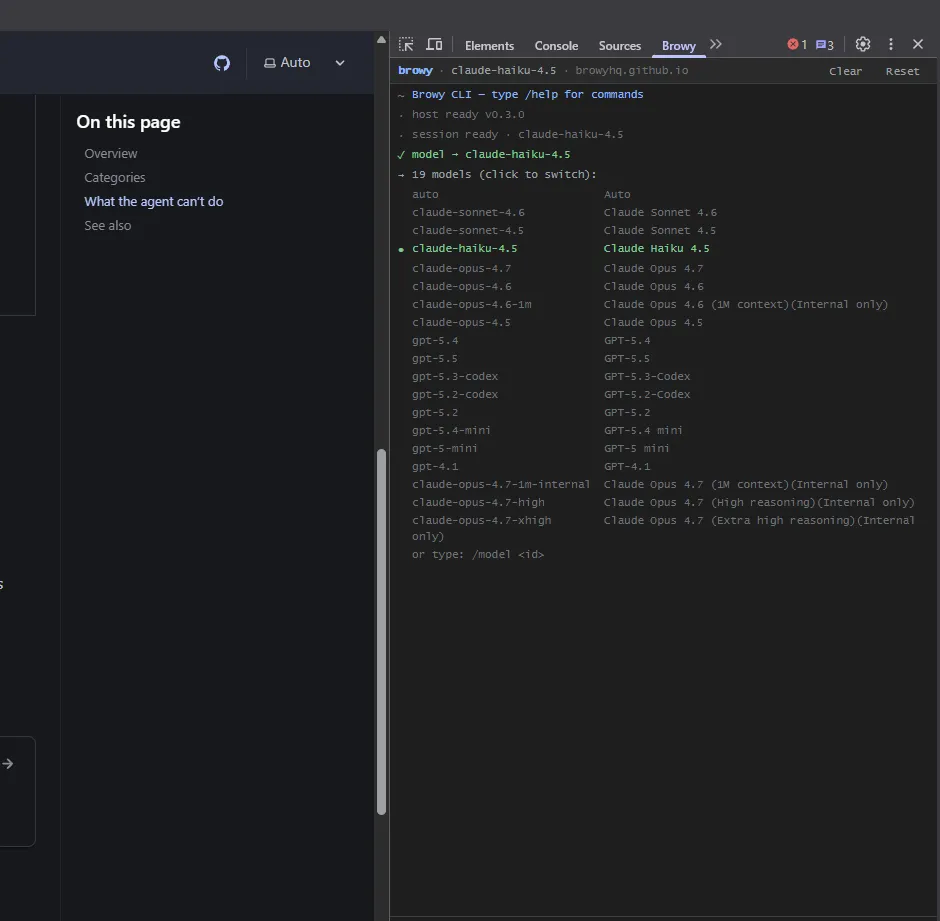 The Browy DevTools panel: a green-on-black REPL with /help, /model picker, and a status bar showing the active model and inspected page