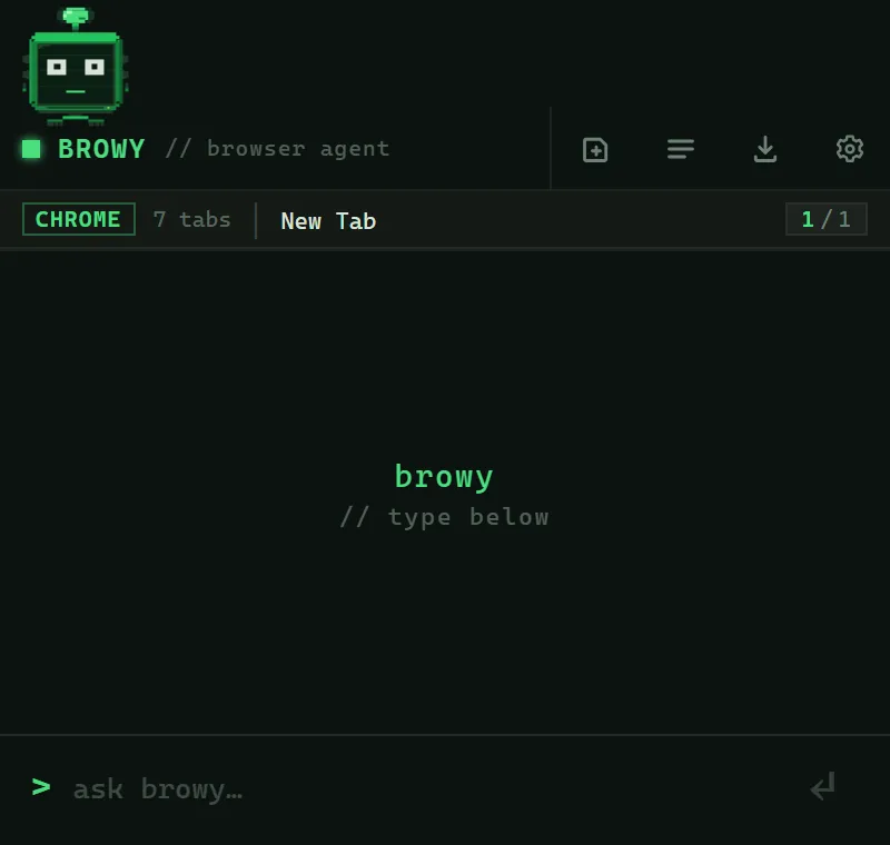 The Browy side panel after a fresh install, with the prompt input focused
