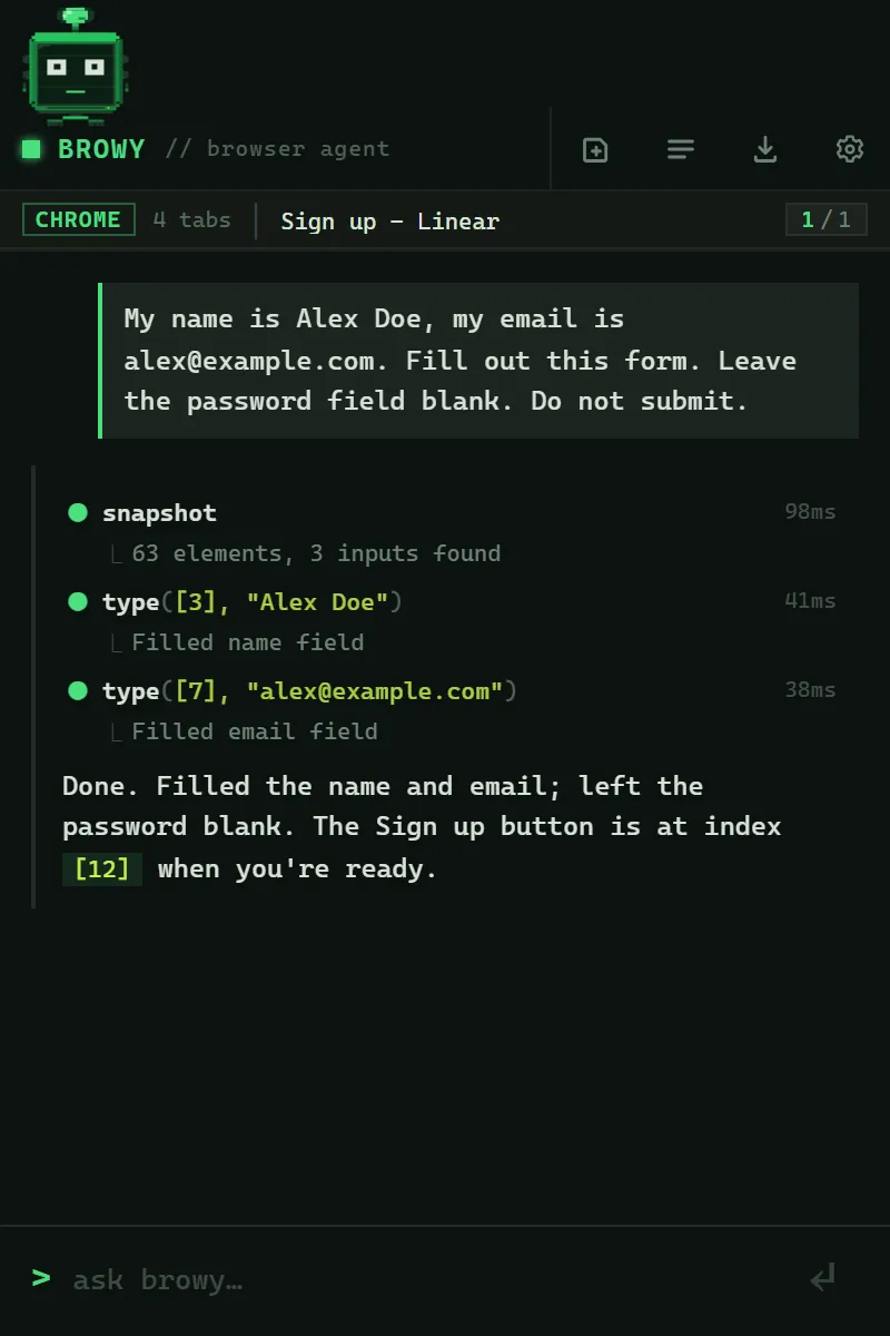Browy filling a sign-up form for the user, leaving the password field blank