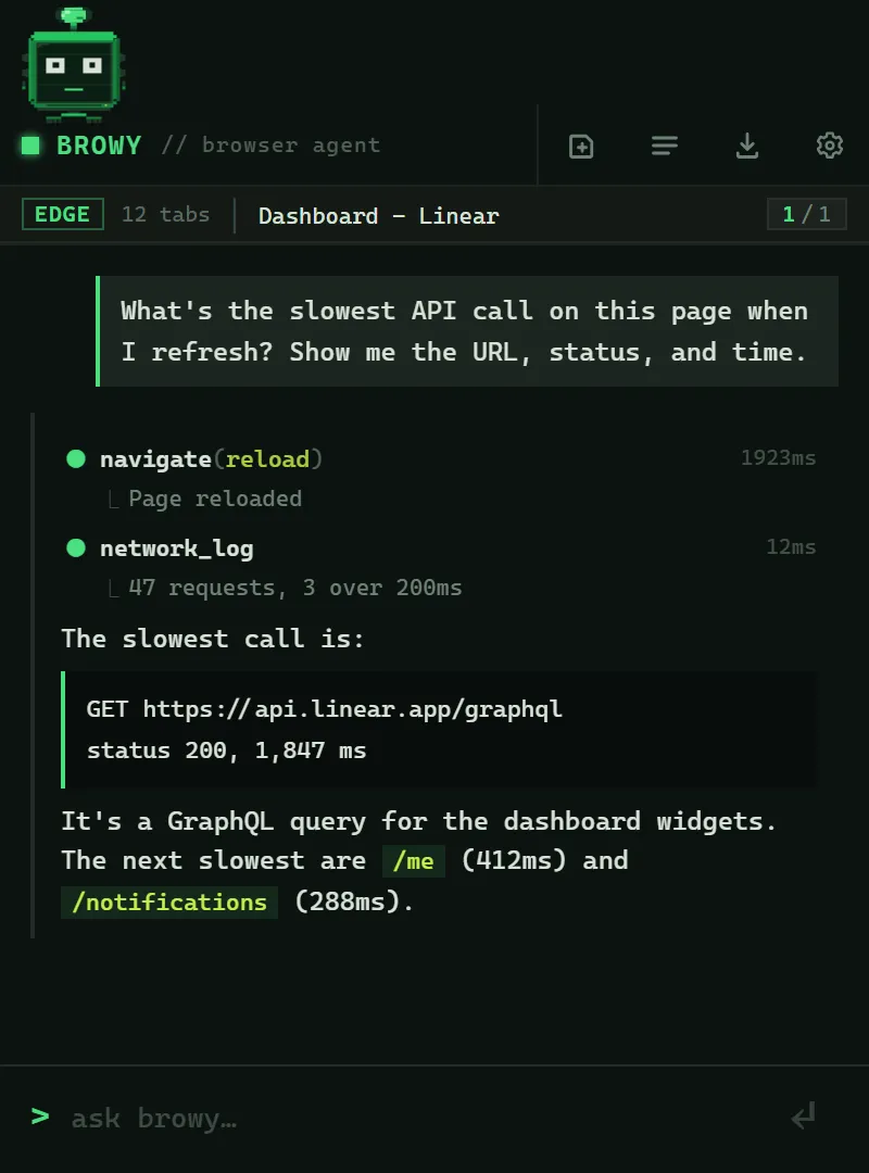 Browy reporting the slowest API call on a dashboard page