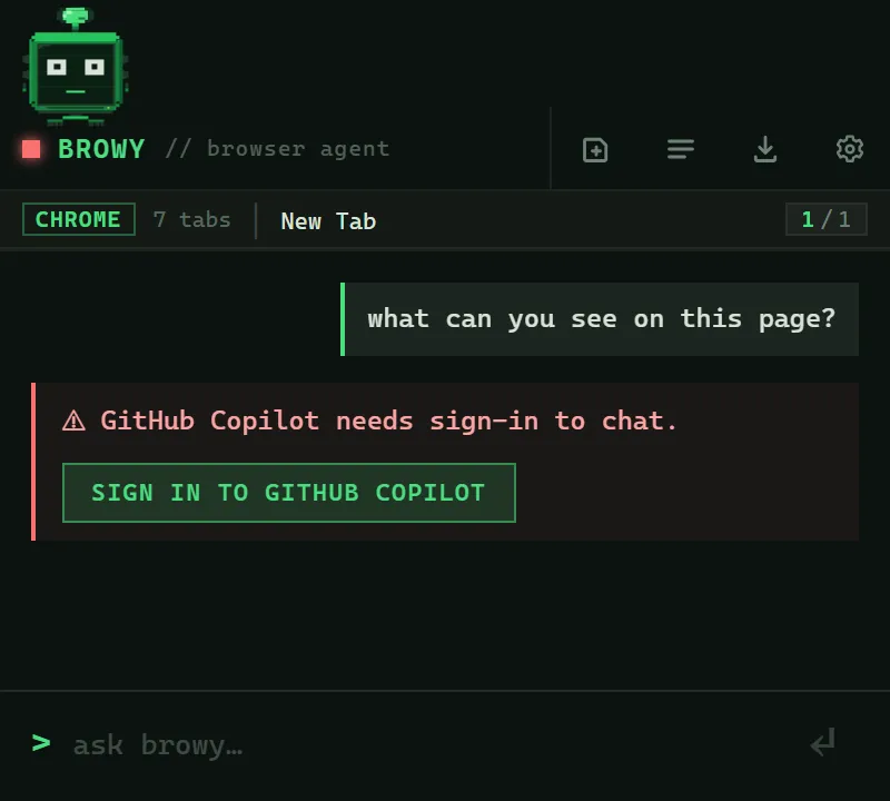 The Browy side panel with the 'Sign in to GitHub Copilot' button visible