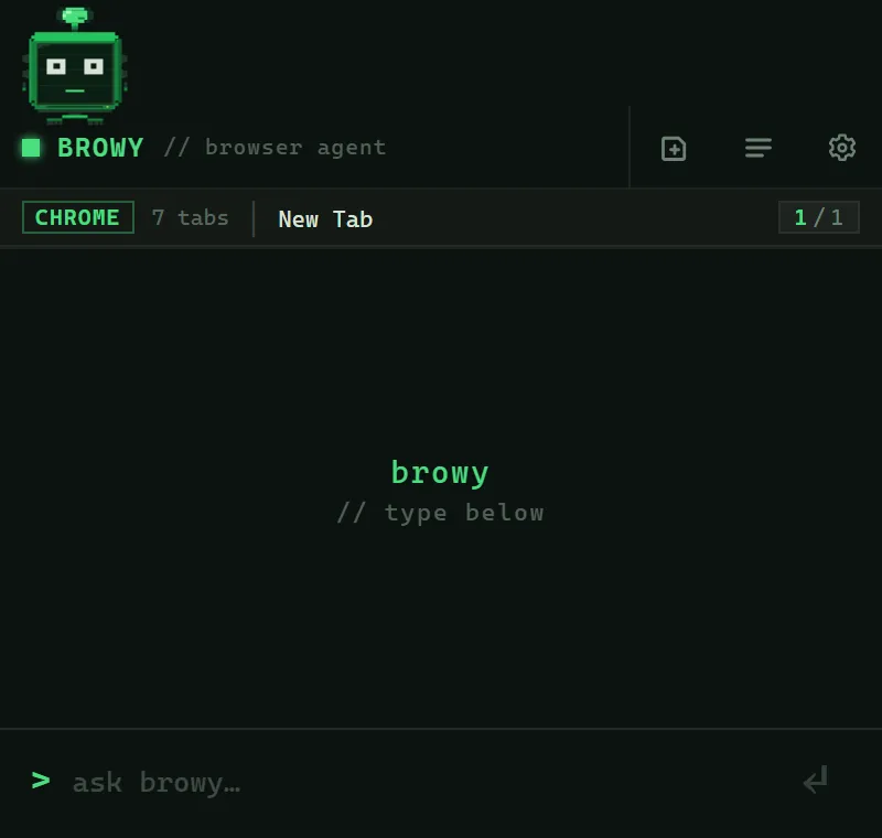 The Browy side panel after a fresh install, with the prompt input focused