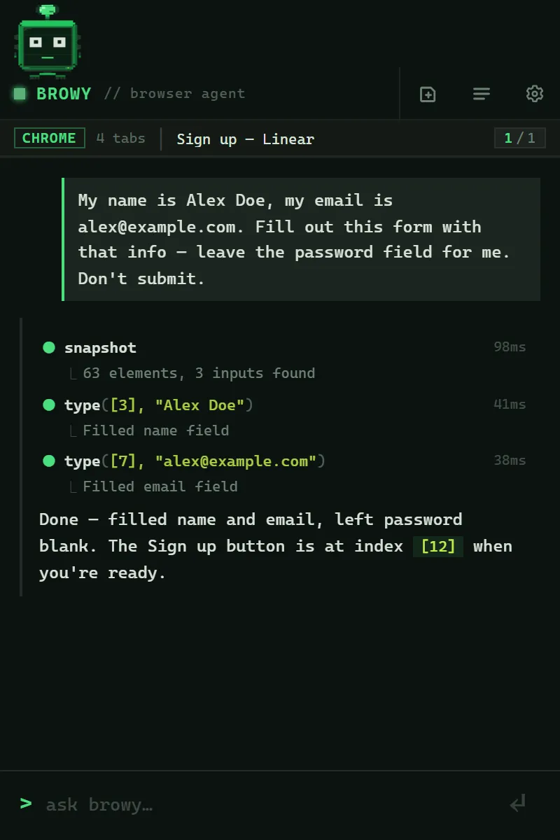 Browy filling a sign-up form for the user, leaving the password field blank