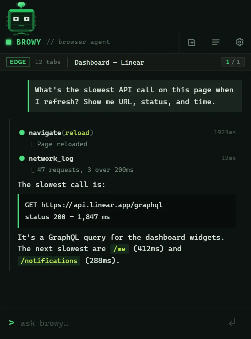 Browy reporting the slowest API call on a dashboard page